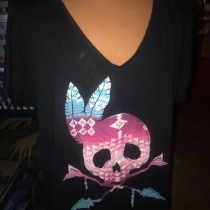 Black cold shoulder top w/ native design on front